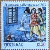 Commemorative postal stamp showing Count Juan Fernández Andeiro on the floor, having just been killed by the Master of Avis. The scene is painted in a cold bluish hue with the striking figure of the Master of Avis in his red jacket showing the Avis insignia.
